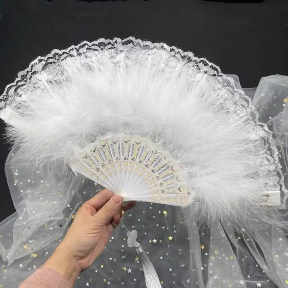 White  Feather Fan Nigerian Dance Bridal Fans Wedding Folding Fan with Tassels Fuzzy Feather Folding Handheld Fan Plush Hand Fan