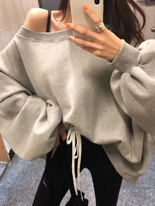 Chic Autumn Winter Fleece Lined Oversized Shoulder Bared Long Sleeve Sweatshirt Women's Korean Style Casual Versatile Outerwear