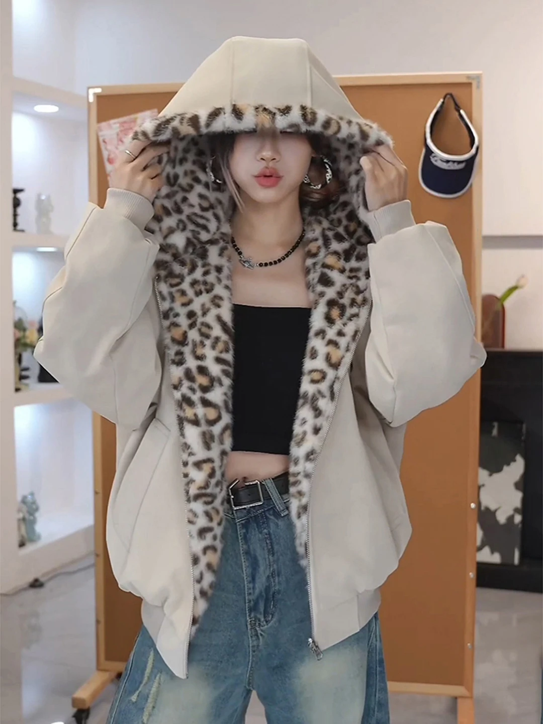 

Double-Sided Wear Fce Lined Fur Jaet Men's Winter Cotton Coat American Sle Inner Leopard Print Leather And Cotton Blend