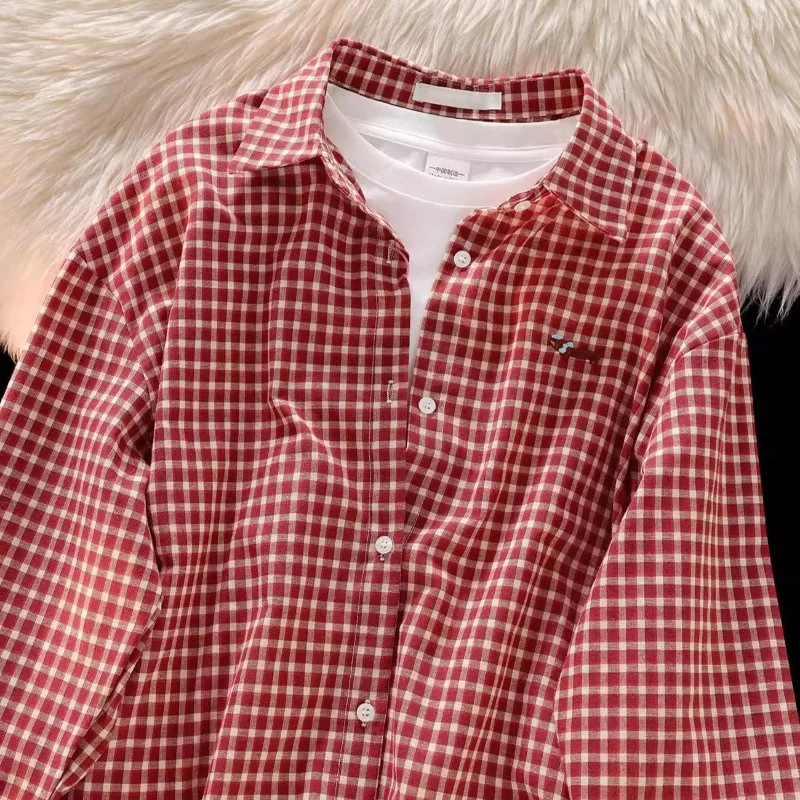 Deeptown Red Plaid Women Shirts Vintage Dog Embroidery Long Sleeve Korean Fashion Blouses Oversized Preppy Casual Basic Trendy