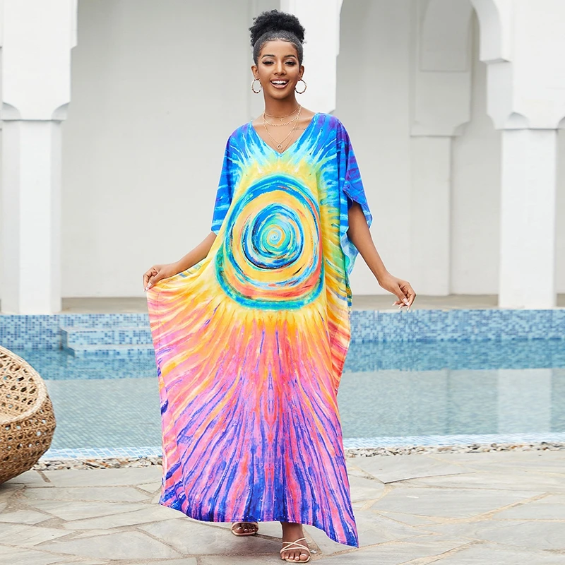 

Free-Spirited Wonder Ankle-Length Rayon Kaftan with Irregular Tie-Dye Ethnic Elegance Maxi Dress Boho Caftan Beach CoverUp Women