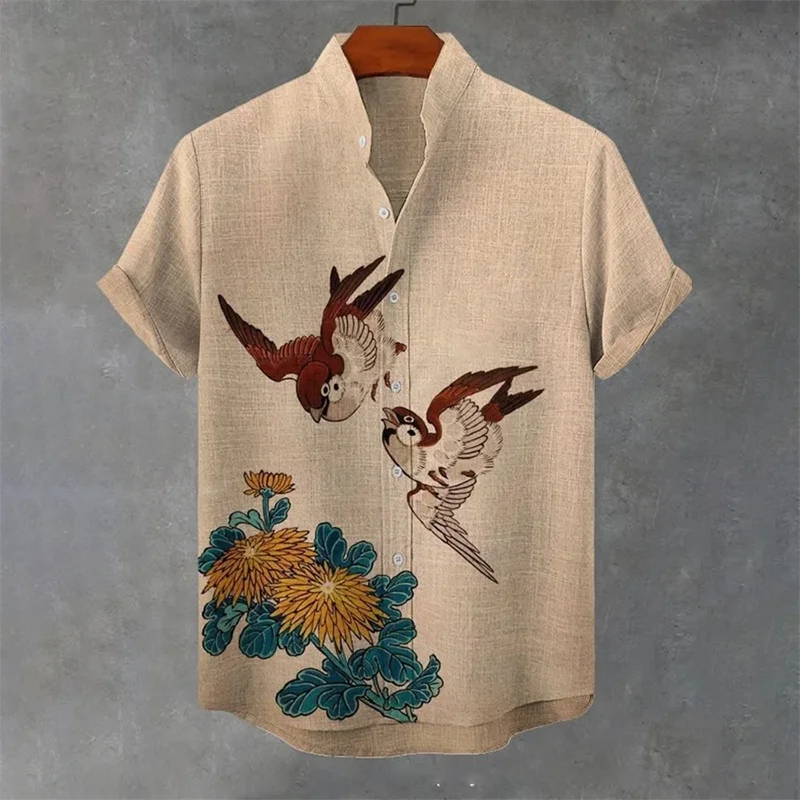 Various animal 3D art printed linen blended men's casual and fashionable shirts