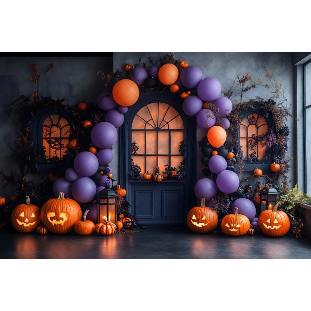 Halloween Night Background Decoration Ballons Castle Moon Pumpkin Bat Photography Backdrops Horrible Cemetery Photo Backdrop