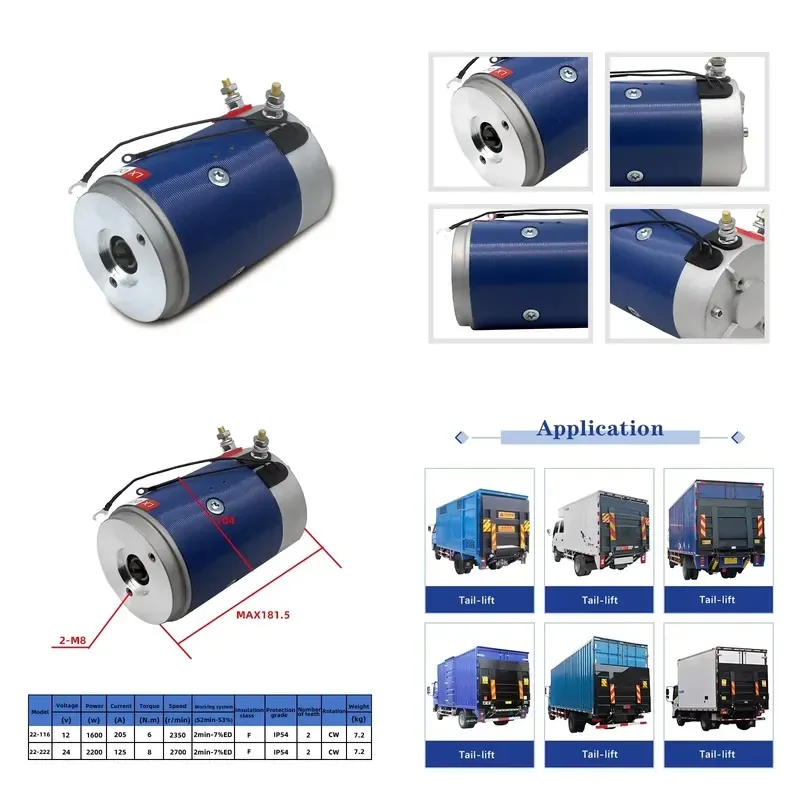12V 1600W Brushed DC Motor IP54 Waterproof for Tail Lifts Rotary Wing Trucks Dump Trucks Electric Forklifts