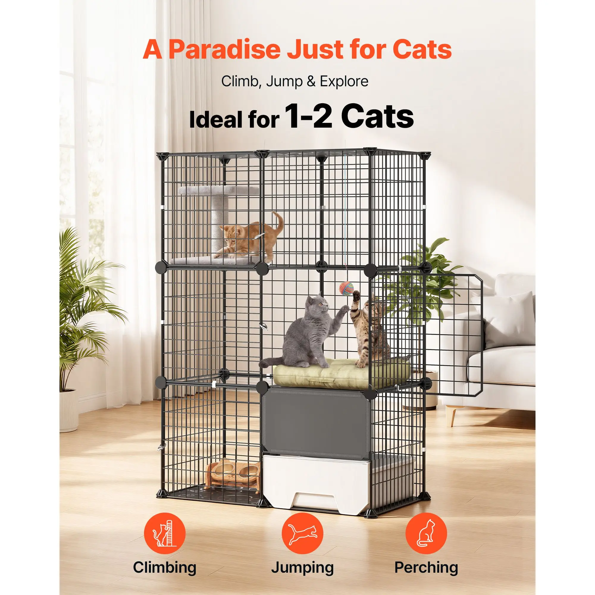 Cat Cage 3-Tier 28"x17.91"x40.98" DIY Cat Playpen with Litter Box, Indoor Enclosure Detachable Metal Wire Kennel Crate, Large Exercise Place Ideal for 1-2 Cats, Kittens & Small Animals, Black