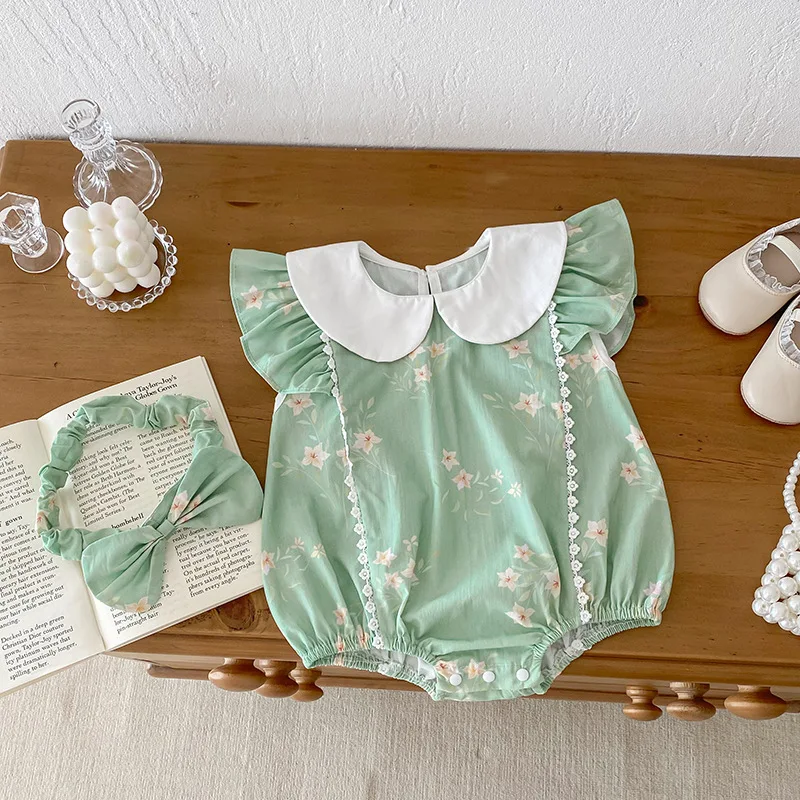 ZOETOPKID 2026 New Summer Rompers Cute Little Girl Princess Clothes Peter Pan Collar Flare Sleeve Bodysuit Cute Infant Clothing