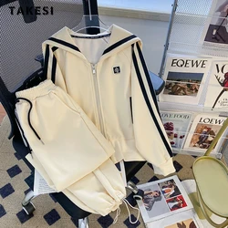 2023 Winter Sporty Casual Two-piece Set Women Long Sleeve Sweatshirt + Elastic Waist Solid Color Trousers Striped Pants Suits