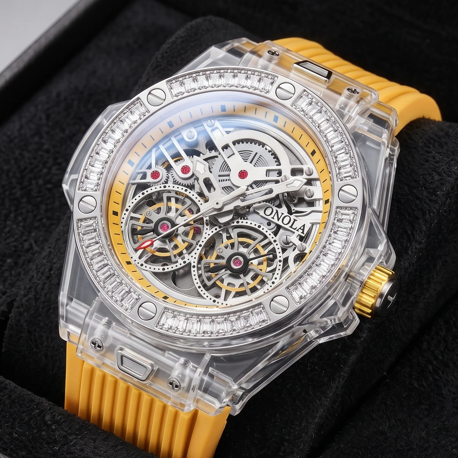ONOLA Men's Fashionable Mechanical Watch, with Sparkling Rhinestone Embedded in The Bezel, Suitable for Daily Socializing