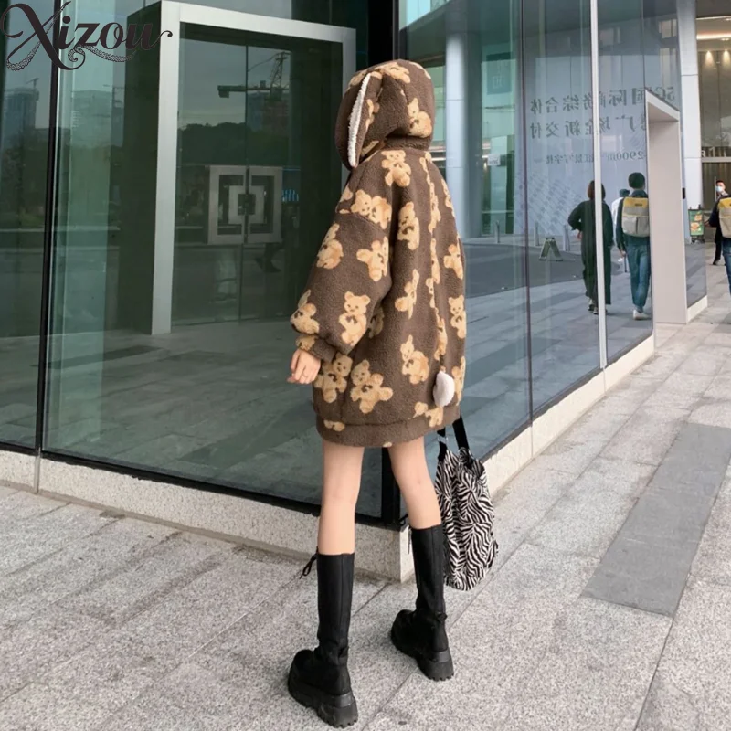 Bear Print Lamb Wool Coat for Women Winter Warm Jackets New Thickened Cute Girl Student Rabbit Ear Plush Cotton Coats