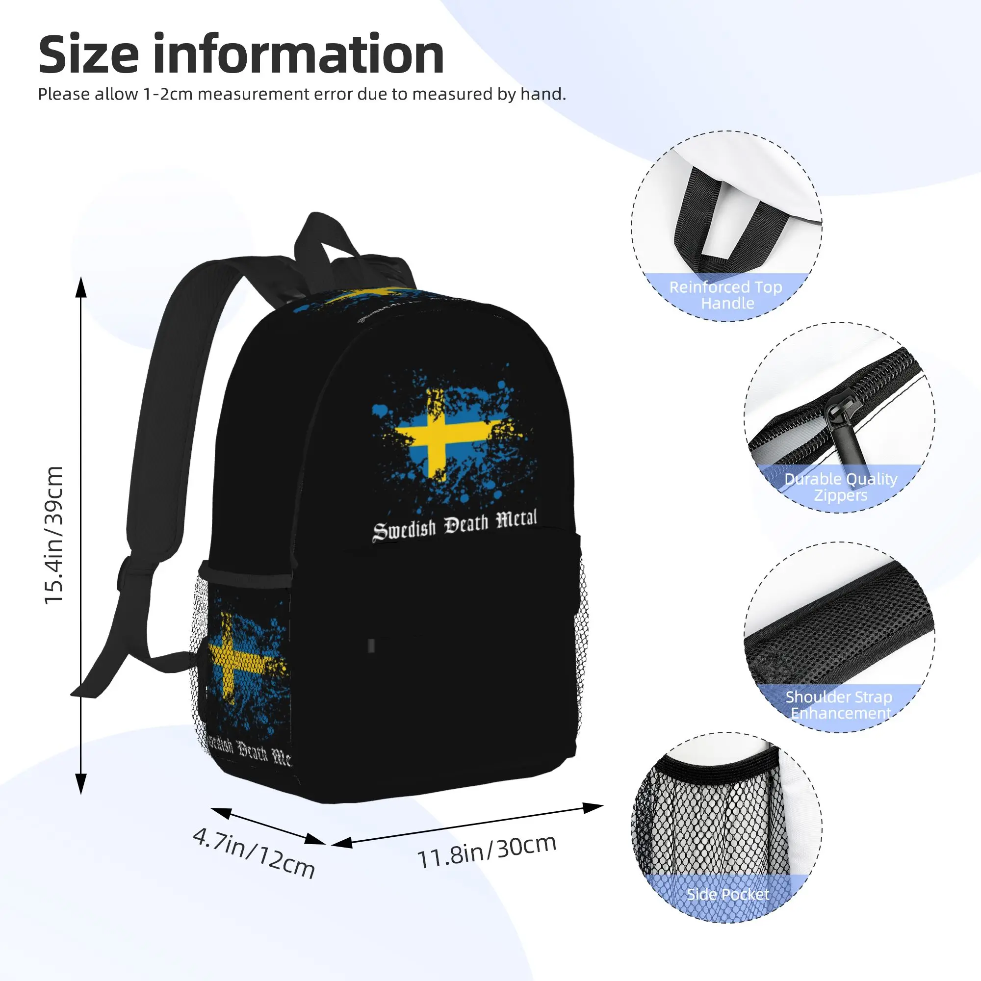 Swedish Death Metal Band Black Heavy Sweden Flag Backpack Hot Sale Daypack BookBag Shoulder Bags for Men Women School Bag