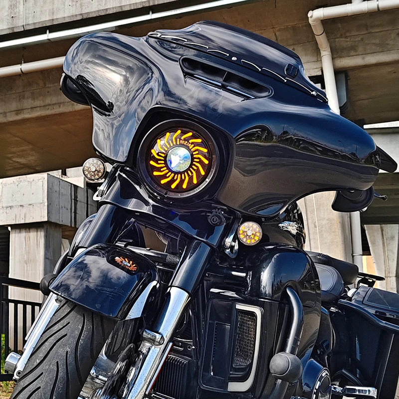 7inch Round Led Motorcycle Headlight, Featuring High and Low Beams, White/Amber Daytime Running Lights, Yellow Turn Signal Functions, Ip67 Waterproof Rating, Universal Motorcycle Accessory