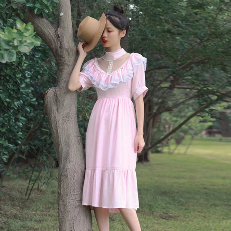 AnXin SH Vintage Prinzessin Chiffon weiße Blume Spitze O-Ausschnitt Kurzarm Perlen Knopf Rüschen Reißverschluss individuelles Abendkleid