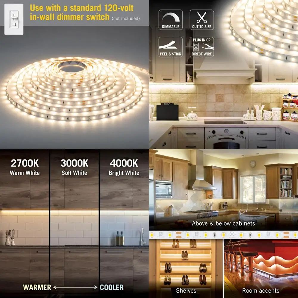 

Диммируемый светодиодный ленточный светильник ярко-белого света 4000K, длина 5 м, 16,4 Вт, питание от сети переменного тока для дома