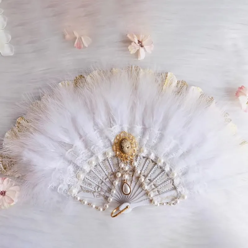Pearl White Feathers Vintage Gold Stamping Folding Fan Lolita Harajuku Gothic Retro Style Portable Hand Fan Gifts