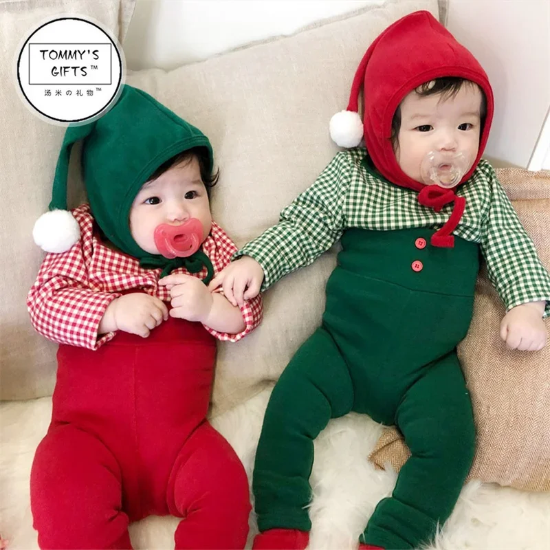 Christmas Autumn Baby Boys Girls Clothes Onesie  Newborn Baby Twins Romper Bodysuits Red/Green Grid Infant Baby Long Sleeve suit