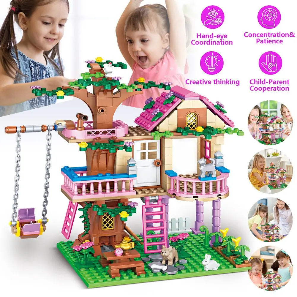 Ensemble de blocs de construction de maison dans les arbres, 504 pièces, jouet de construction interactif amusant, ensemble de jeu éducatif, jouet cadeau d'anniversaire pour enfants