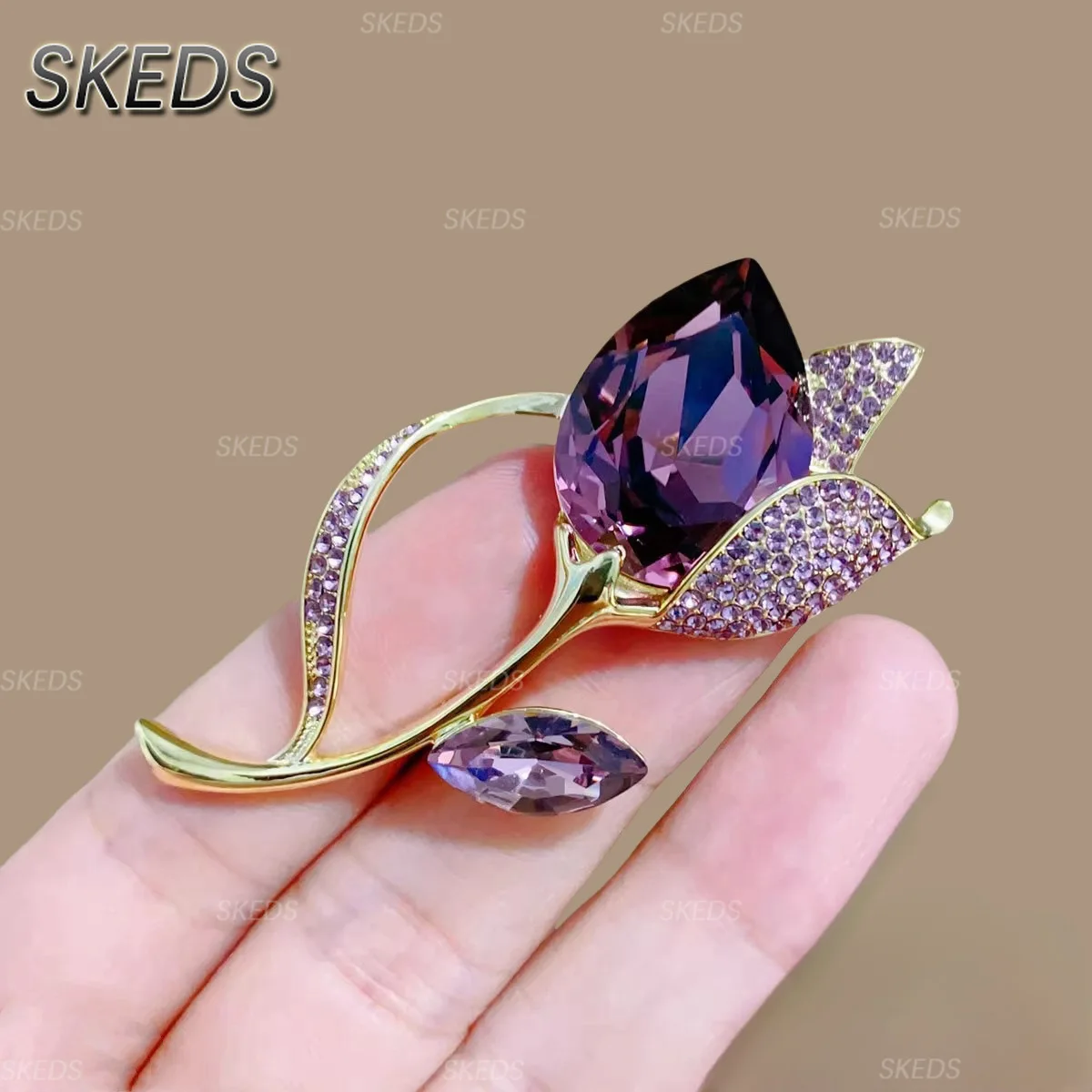 SKEDS Luxury Large Faceted Purple Crystal Tulip Brooch Rhinestone Paved Leaf Stem Floral Pin Dress Shawl Accessory