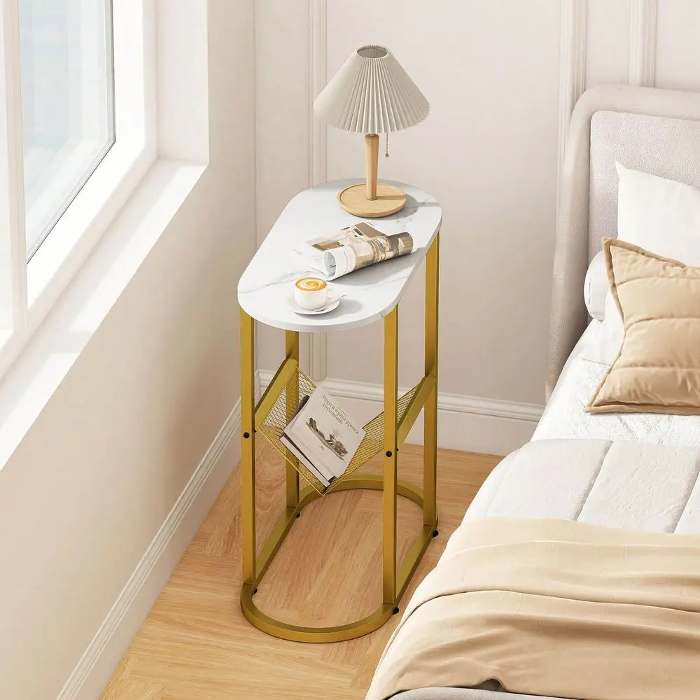 

End Table With Faux Marble Tabletop Magazine Holder HeavyDuty Metal Frame