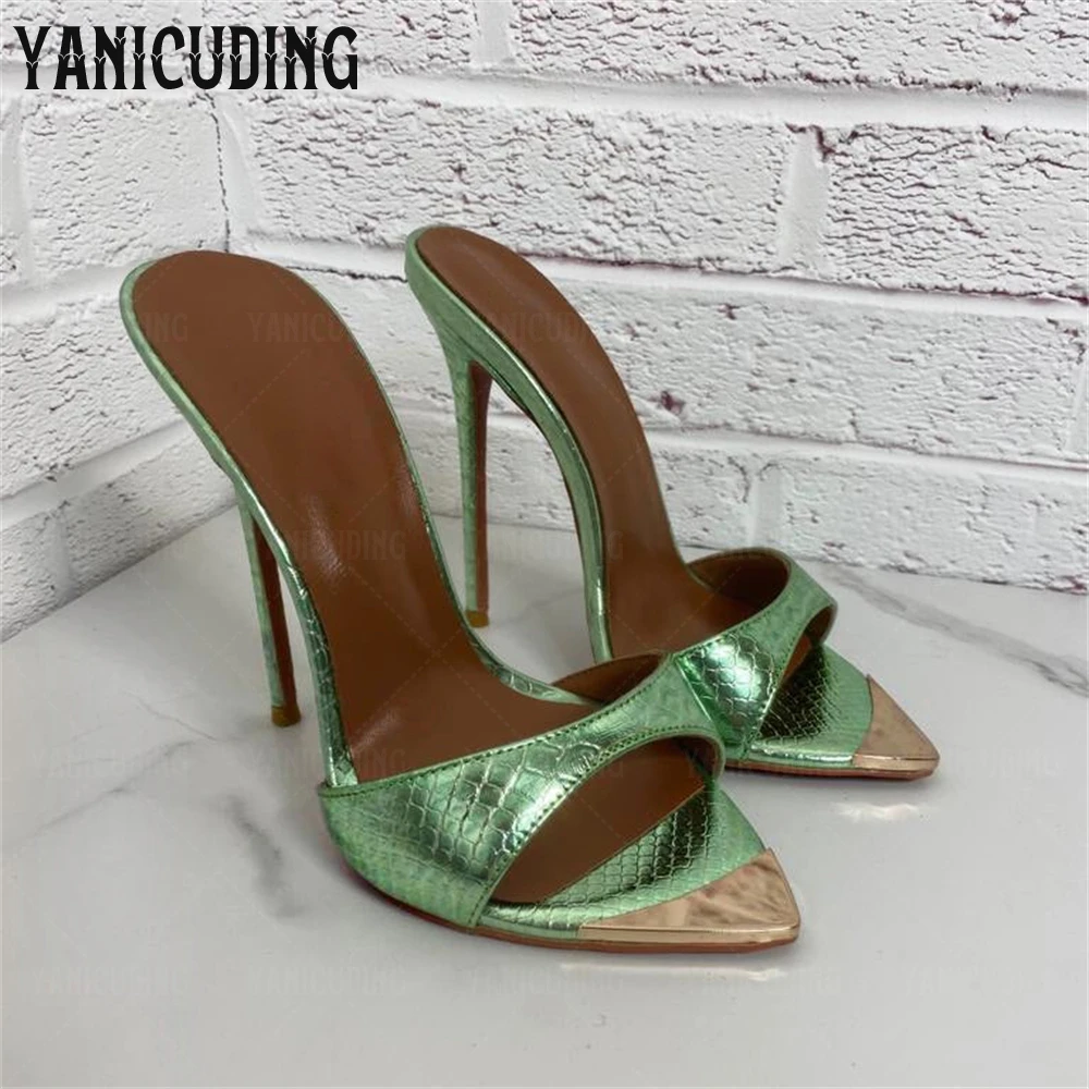 

Metallic Pointed Toe Mules High Heel Stiletto Slippers Sexy Leather Summer Shoes Custom Multi-color Large Size Women High Heels