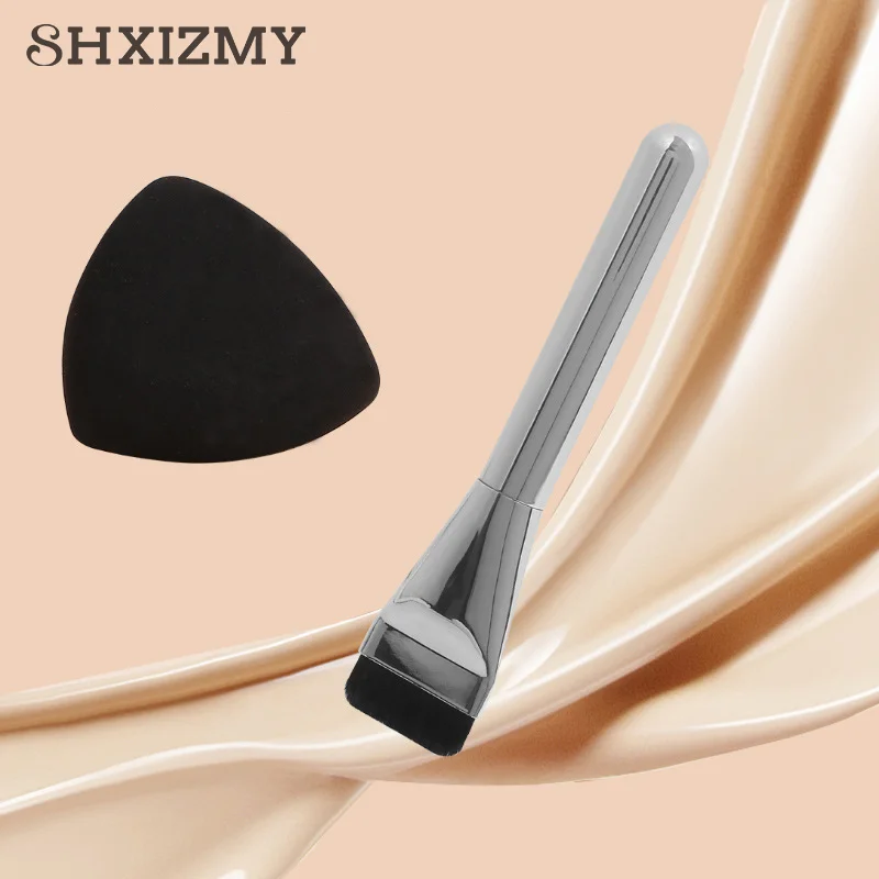 3-In-1 Flat-Head Foundation Brush And Black Makeup Puff Blender Sponge Ultra-Thin Head Traceless Concealer Applicator Tool