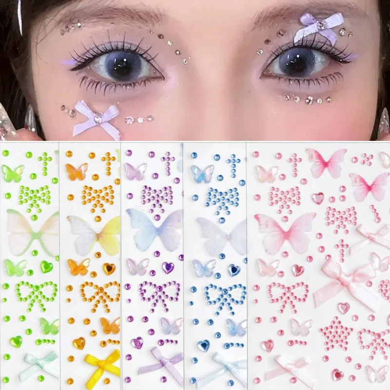 

Лента с бантом, праздничные наклейки для макияжа лица, стразы, бабочка, сделай сам, наклейка для теней для век, украшение для тела, временные татуировки, наклейки