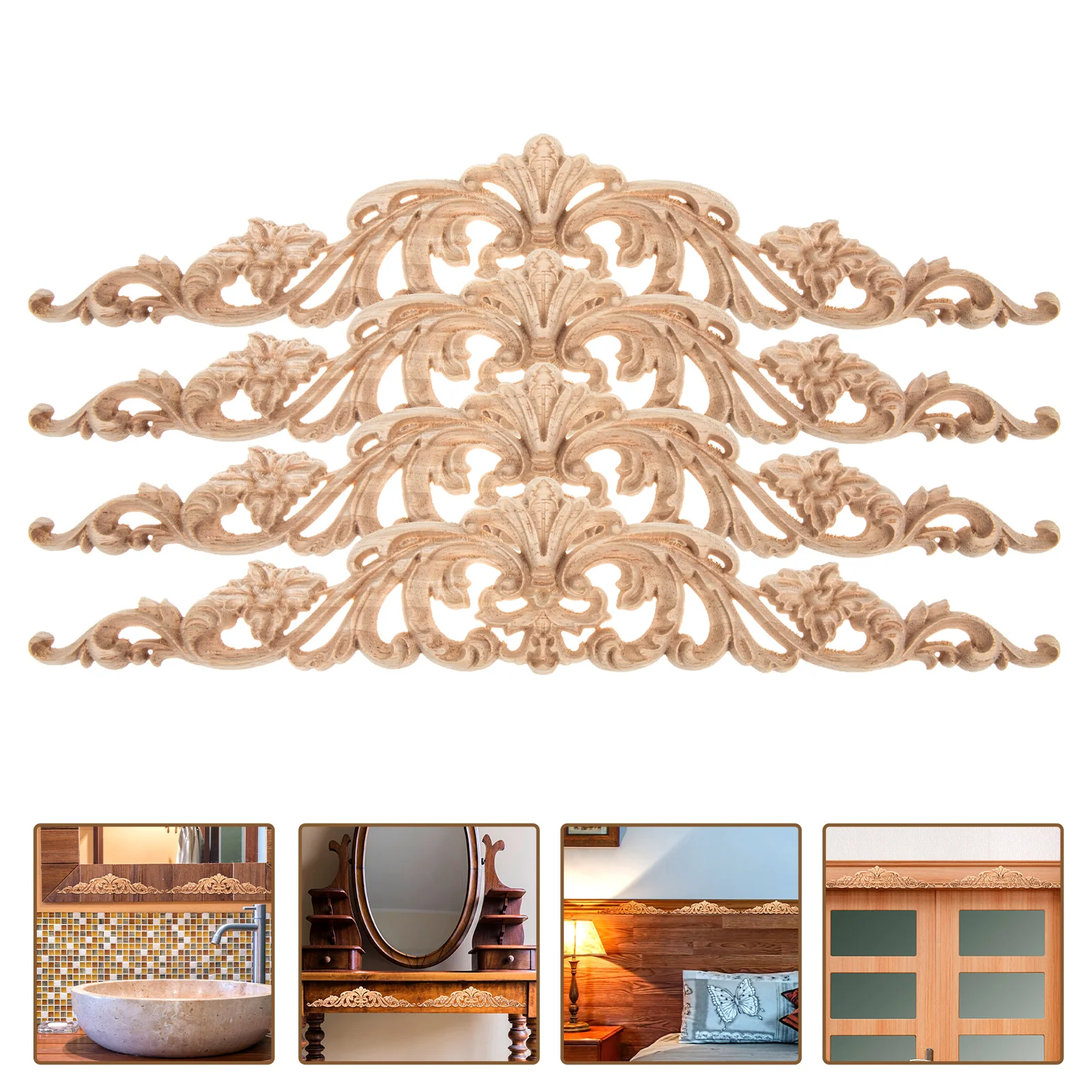 

4 Pcs Decals Furniture Carving Decoration Wood Appliques for Doors Wooden Carved Flower