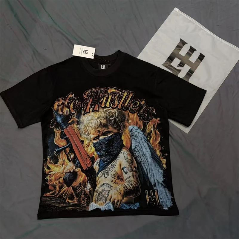 New Life Hustlers Rhinestone Printed Pattern T Shirts Men Women Loose Cotton Casual Shinning Diamond Tees Oversized Top