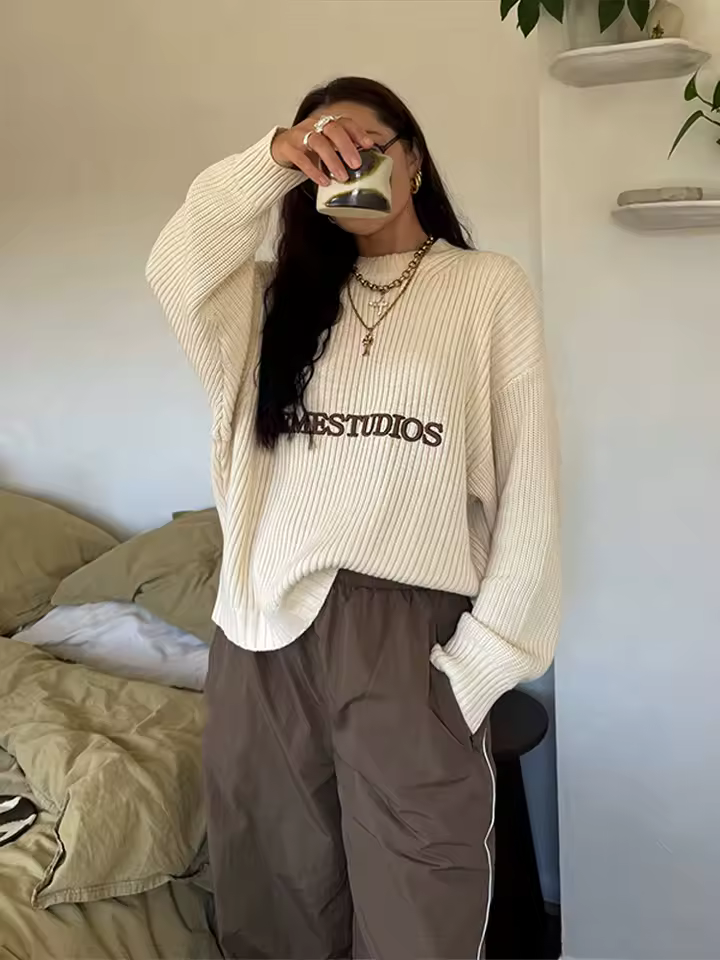 Letter Embroidered Crew Neck Pullover Sweater Knit Oversize Long Sleeve 2025 Autumn Cozy Women Top Trendy Casual Daily Sweaters - AliExpress