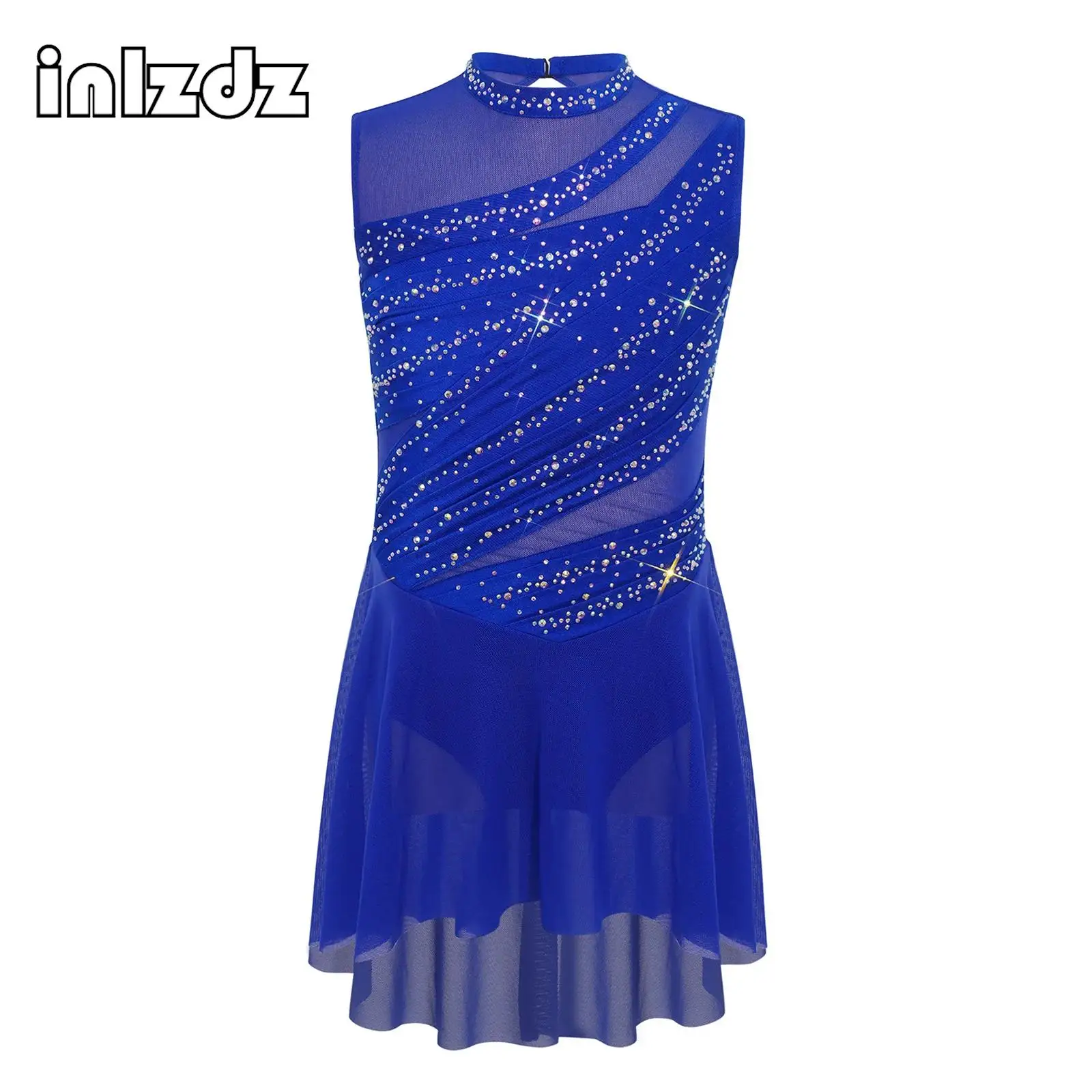 

Kids Girls Rhythmic Gymnastics Ballet Lyrical Latin Dance Costume Sleeveless Rhinestone Ruched Leotard Ballet Jersey Dresses