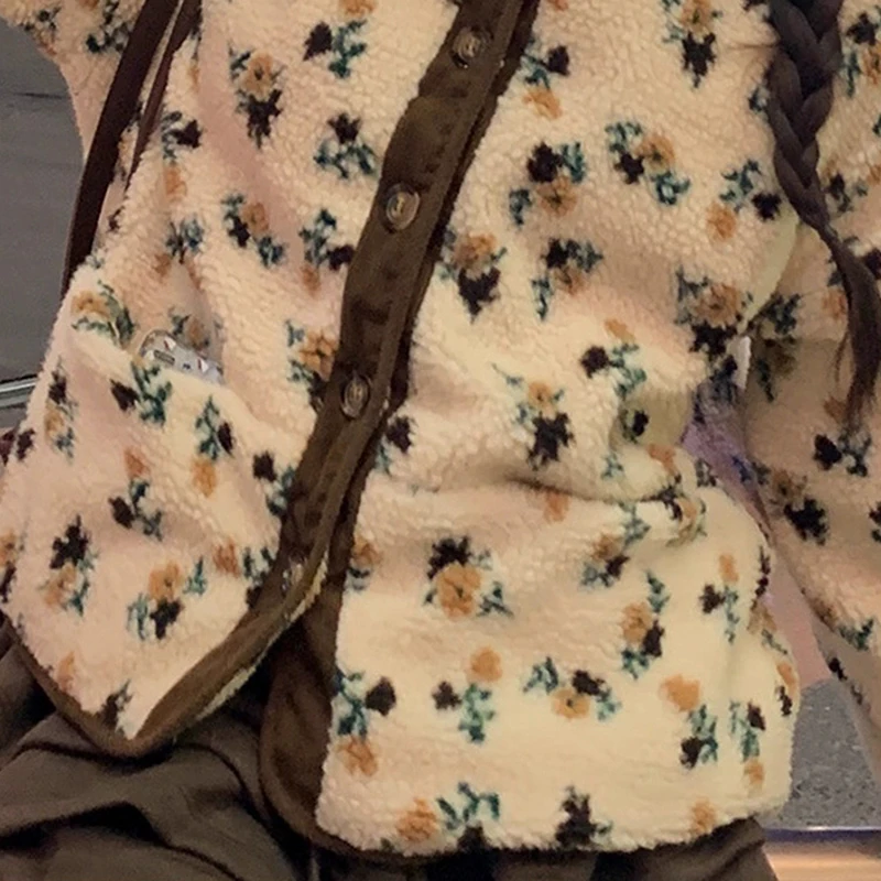 معطف نسائي من صوف امبسوول جاكار بلون متباين معطف شتوي دافئ كاجوال فضفاض مع جيب بطول قصير