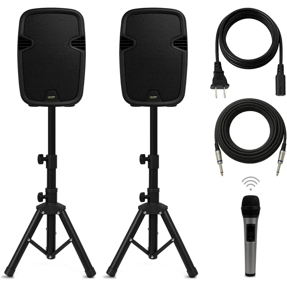 8-Inch Portable Bluetooth PA Speaker System with Stands and Cable for Outdoor Parties, DJ Events, and Karaoke