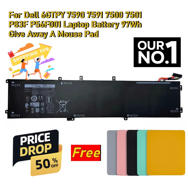 

For Dell 6GTPY 7590 7591 7500 7501 P83F P56F001 Laptop Battery 97Wh Give Away A Mouse Pad
