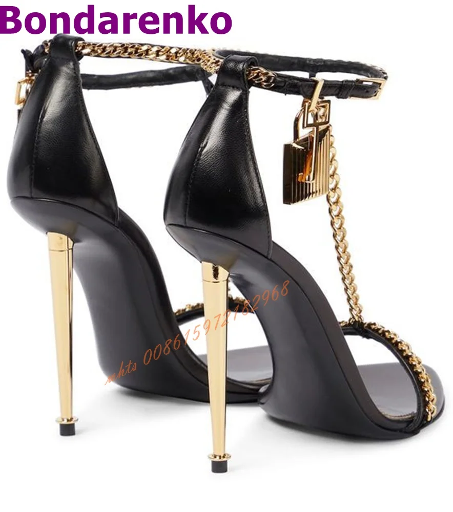 Mirror Metal Chain Sandals Women Shoes Pointed Toe Gold Stiletto Heel Sandals Ankle Buckles Lock T Straps Design Shoes Banquet