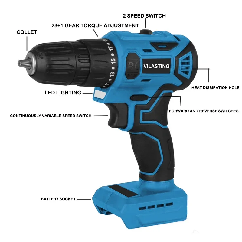 Brushless Electric Drill Cordless Rechargeable Screwdriver 2 Speed 10mm 23+1 Torque Hand Power Driver Tools Fit Makita Battery