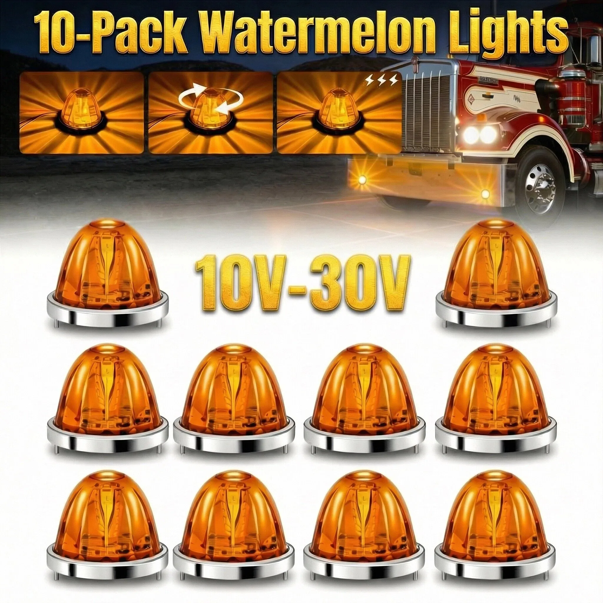 10PCS LED Watermelon Lights LED Strobe Rotatable Cab Roof Clearance Marker Warning Lights Side Marker Lamp with Bezel For Truck