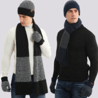 3pcs Winter Scarf Touchscreen Gloves for Warm Knit Fleece Lined Hat Set Leather Label Fur Ball Cap New Styles for Men and Women