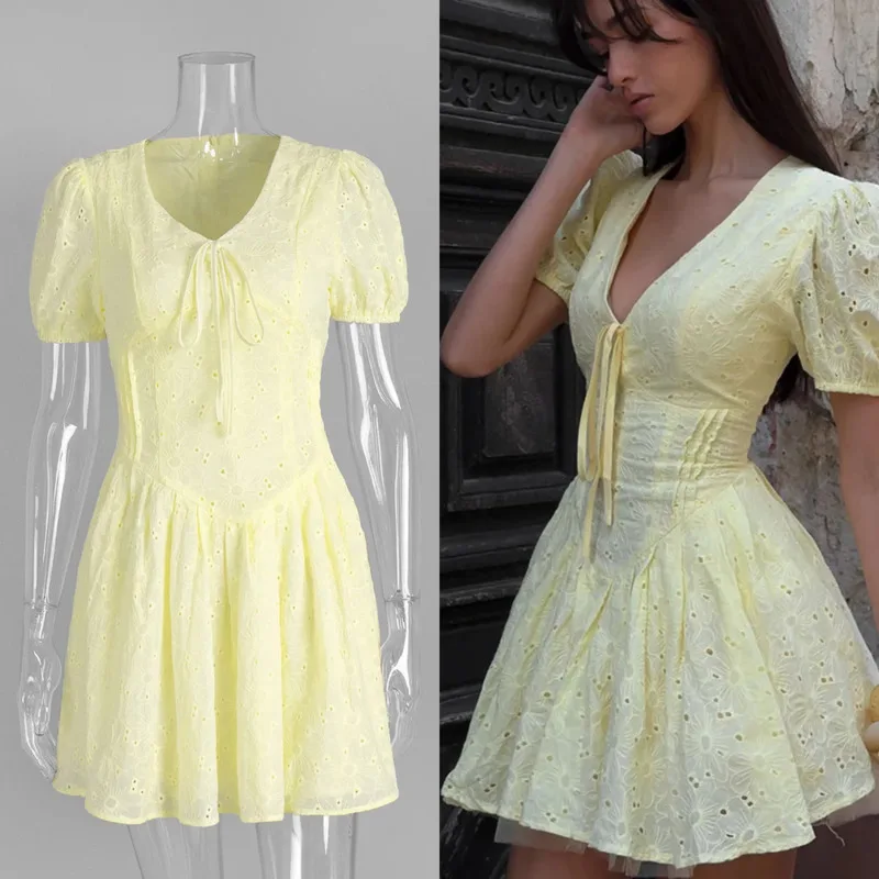 

Elegant Solid Color Puff Sleeve Mini Dress Sexy Deep V Neck Tie Waist Bodycon Dress Fashionable Summer Casual Short Sleeve Dress