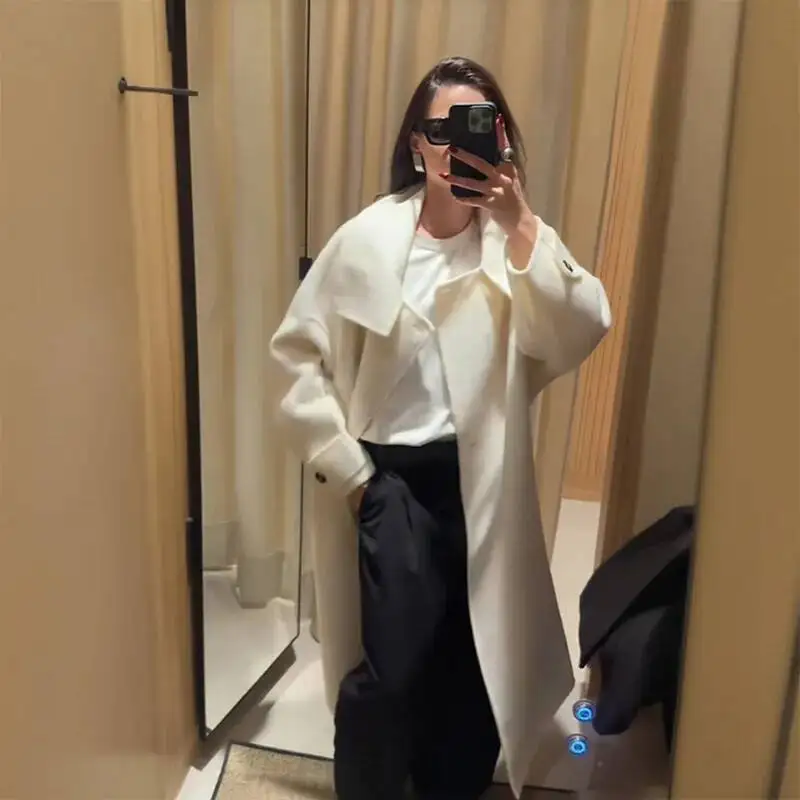 Loose Fit Long Woolen Coat Women's Autumn Winter New Style Mid-Length Stand Collar Casual Fashion Polyester Fiber Pure Color