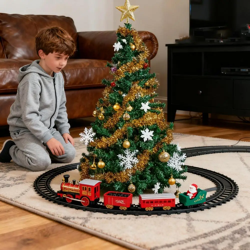 Treno ferroviário de natal, trem elétrico pendurado, pista ao redor da árvore de natal, trens redondos para carro, decoração de árvore de natal para casa