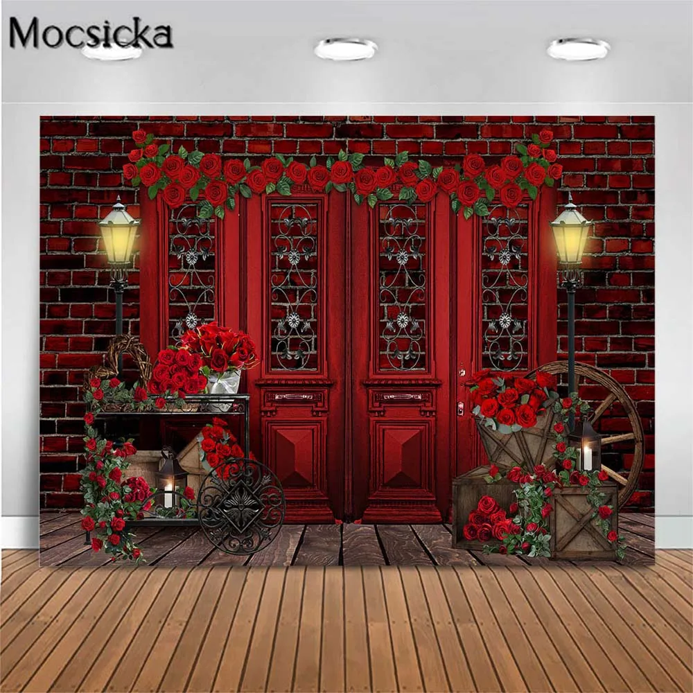 

Mocsicka Valentine's Day Photography Backdrops Retro Red Door Brick Wall Rose Girl Portrait Photo Backgrounds Studio Photo Shoot