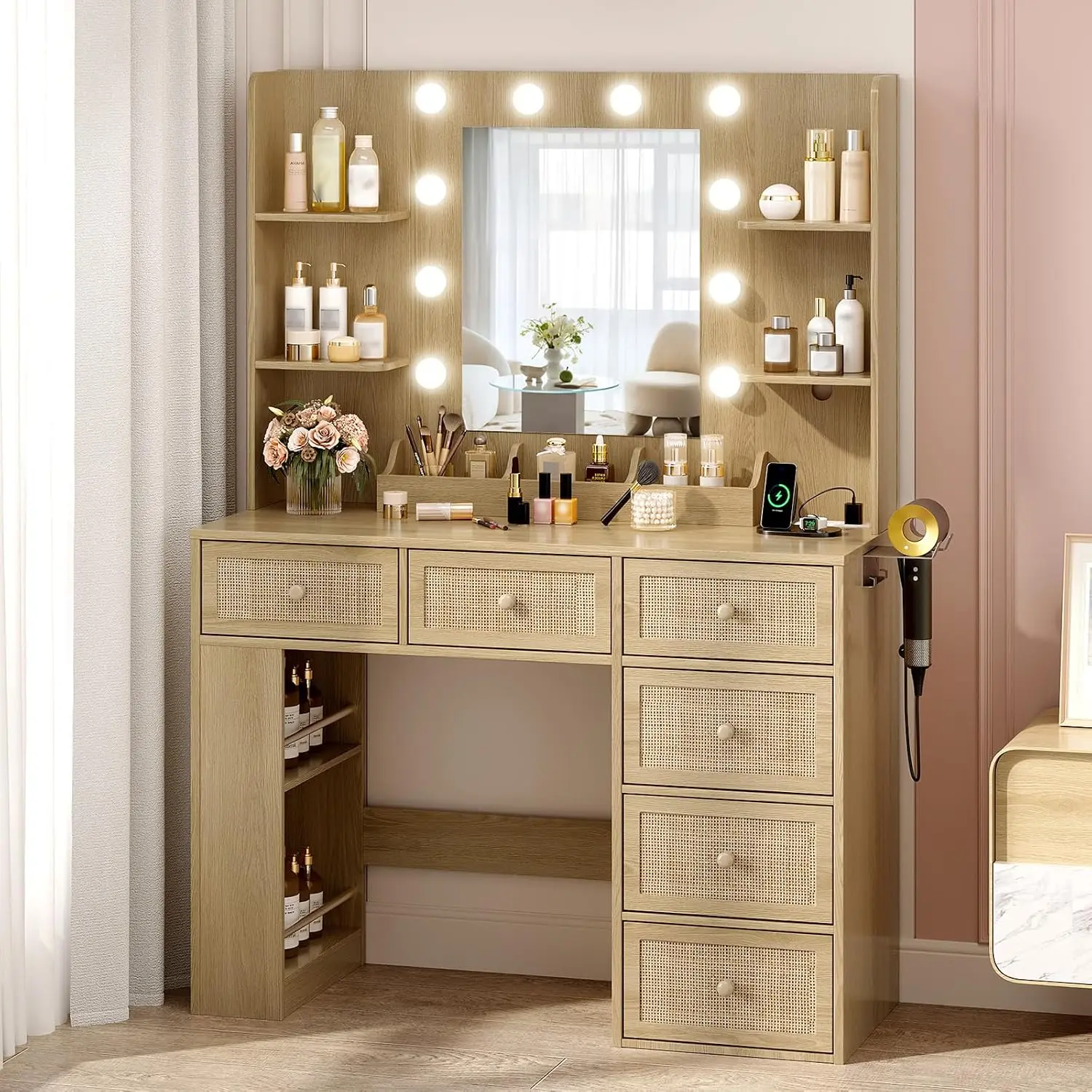 Vanity Desk with Mirror and Lights, Rattan Makeup Vanity Table w/ 6 Storage Drawers & Shelevs, 58in Oak Dressing, Customized