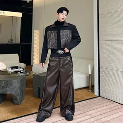 SYUHGFA 2024 Autumn Winter Suits Vintage Men's Lapel Patchwork PU Leather Short Jacket Wide Leg Pants Two Piece Set Men Clothing