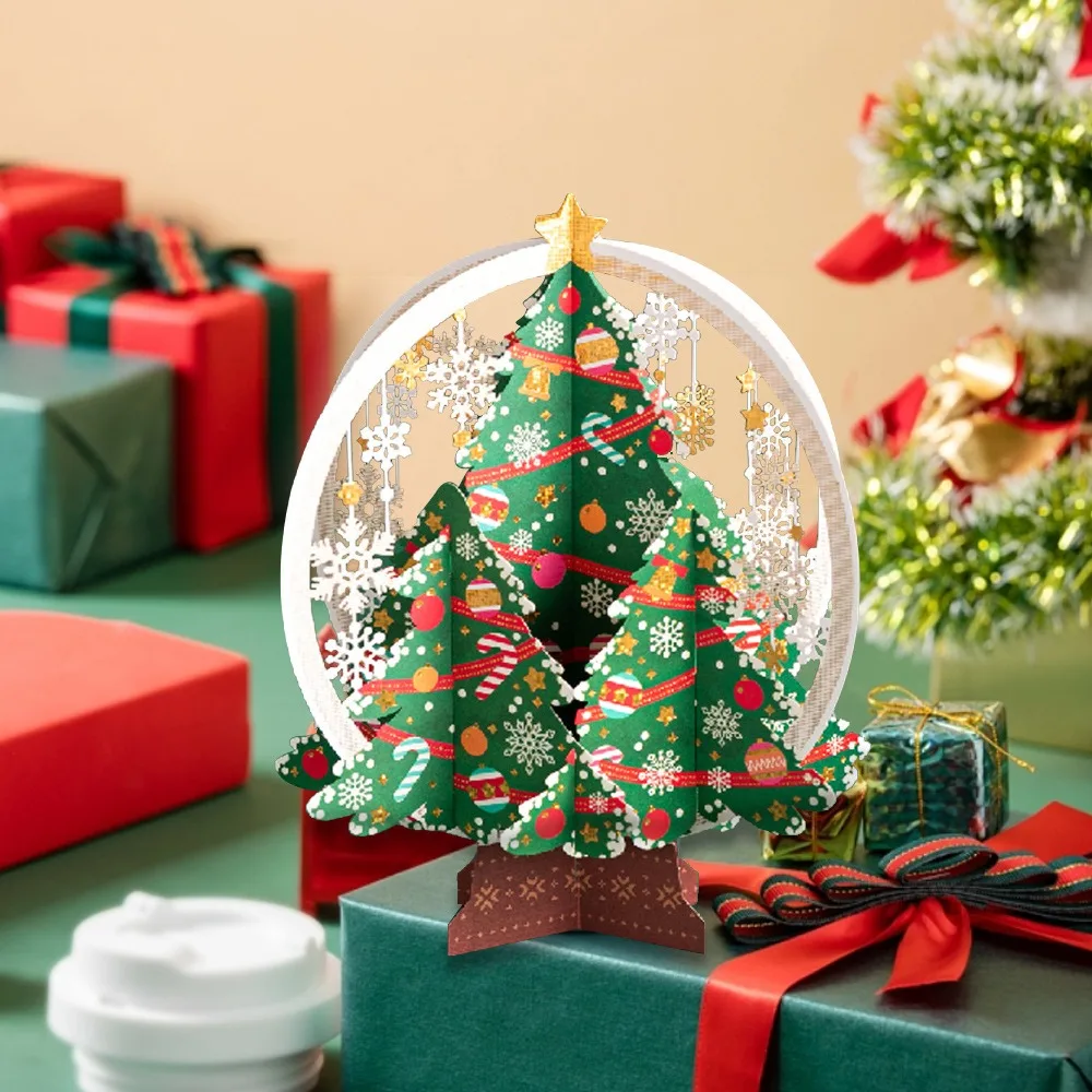

3D Christmas Greeting Cards Hot Stamped Laser Engraved New Year Cards Pop-Up Paper Carving Thank You Letter Friend