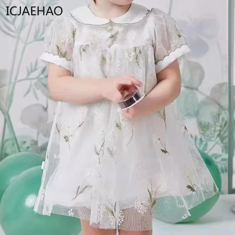 ICJAEHAO 2024 South Korea Children's Clothing Summer New Girls Treasure Heavy Work Embroidery Sweet Lapel Short Sleeve Dress