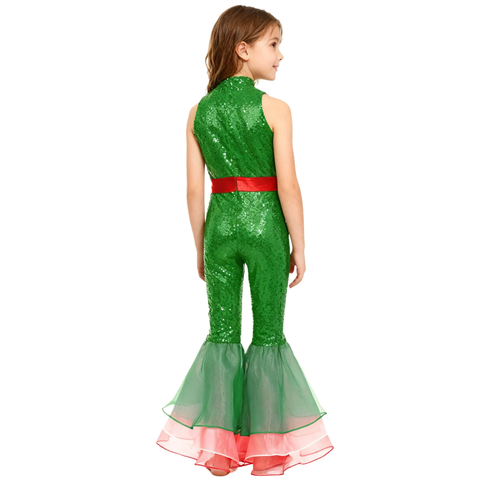 Girls Christmas Dance Jumpsuit Sleeveless Shiny Sequin Pompom Bow Flared Bodysuit for New Year Holiday Party Stage Performance