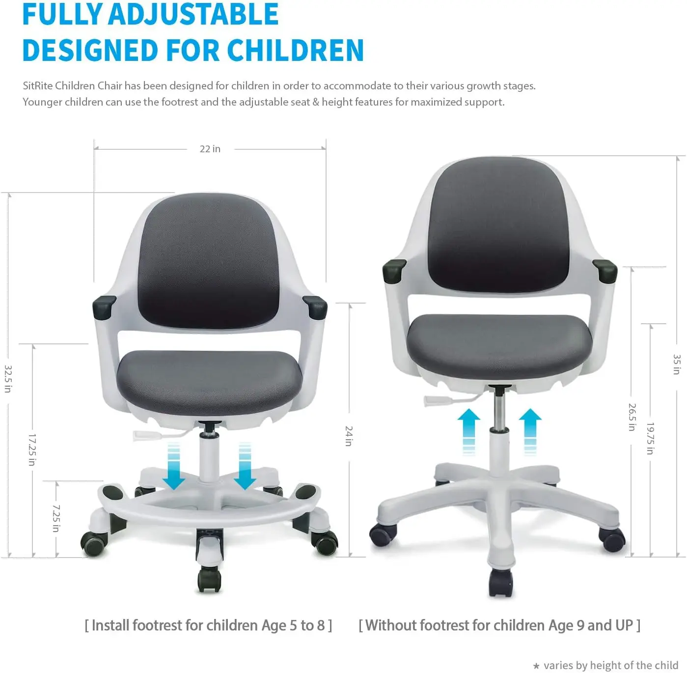 Chair: Ergonomic Kids Computer Chair | Adjustable Kids Office Chair with Wheels & Arms | Study Chair for Girls and Boy