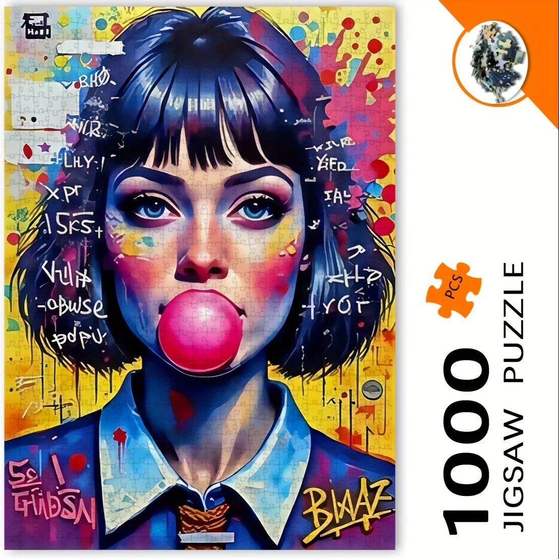 1000pcs Graffiti Art Puzzle - Urban Bubble-Blowing Girl Design, Vibrant Colors, Portable Rectangular Art Decor for Adults, DIY