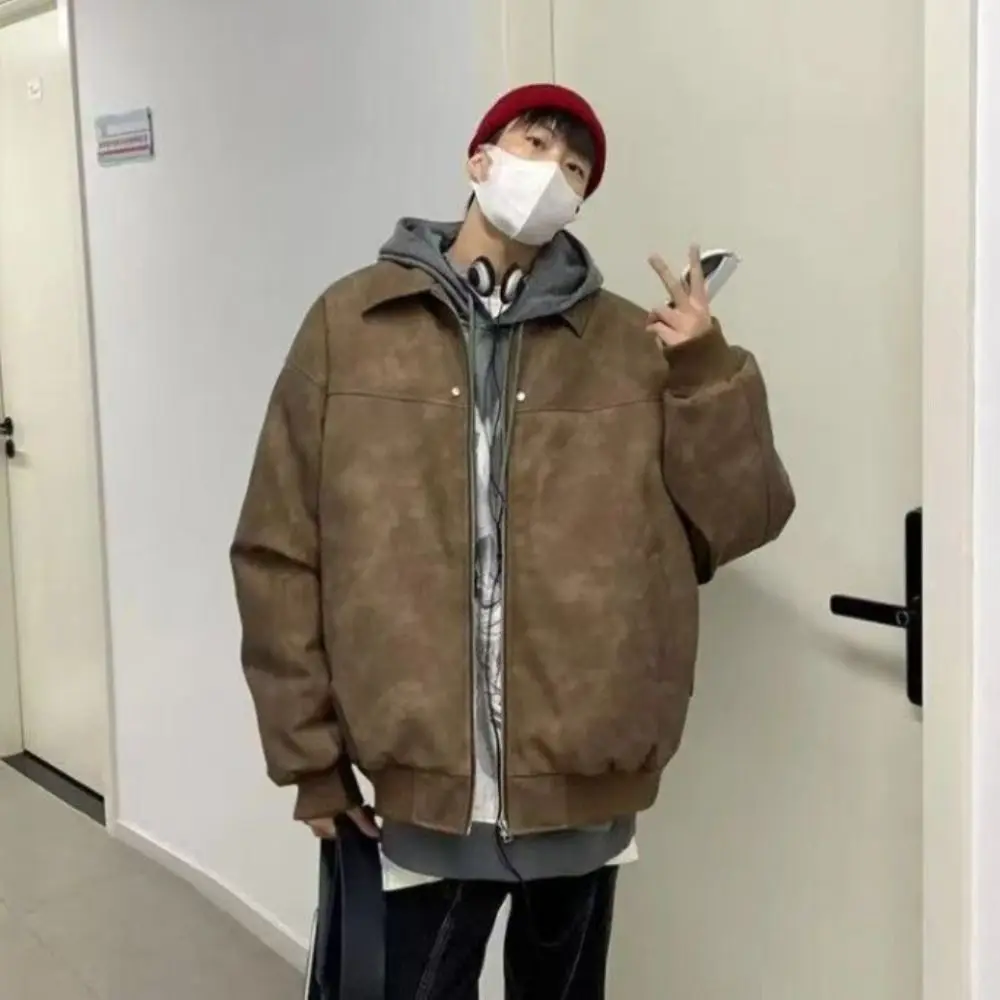 

Fashion Loose Fit Men Jackets Thick Long Sleeves Turn Down Collar Jacket Solid Color Warm Zipper Coat Daily Commute