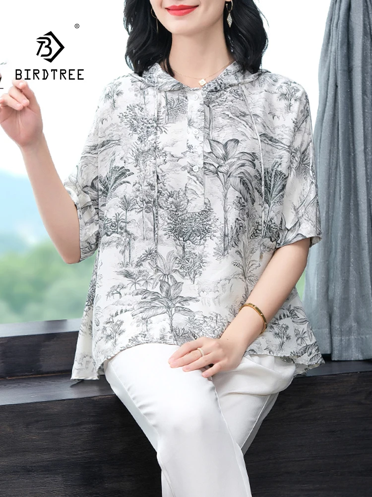 

BirdTree, 100% Real Silk Hooded Shirts, Women's Short Sleeve Printed, Mom Elegant OL Commute Blouses, 2024 Summer New T444130QC