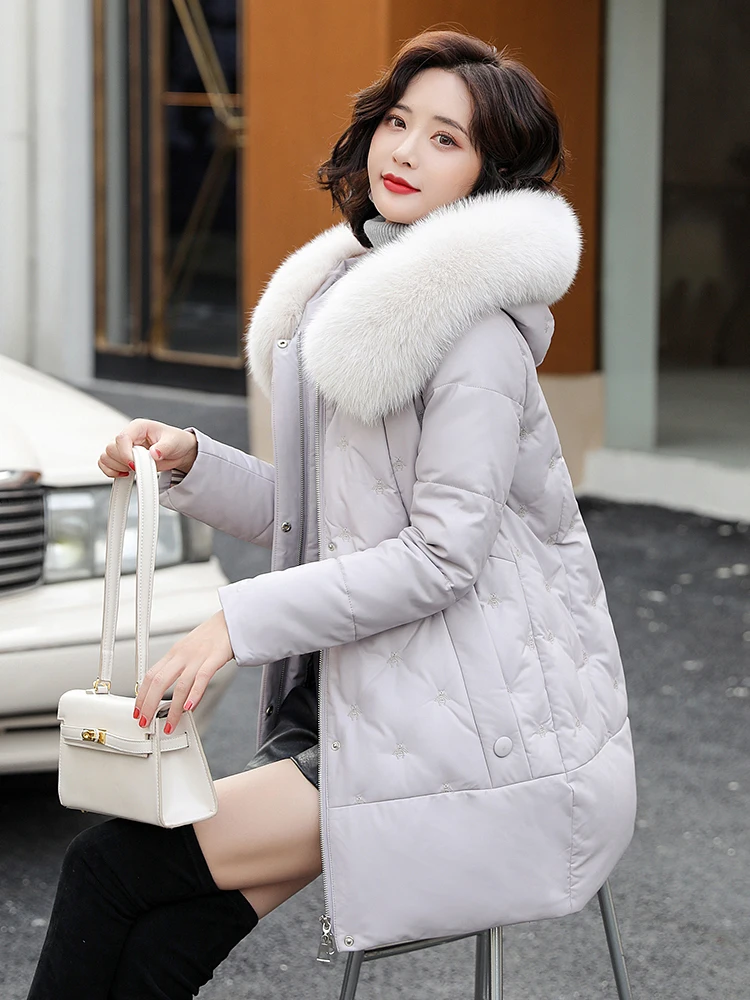 Sheepskin Winter Coats for Women Clothing 90% White Duck Down Jackets Natural  Fox Fur Collar Mid Length Overcoat 2024